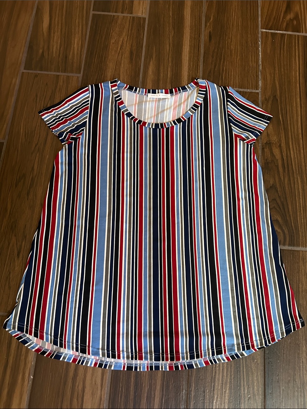 Chris & Carol Women’s Red, Navy & White Vertical Stripe Short Sleeve Tee
